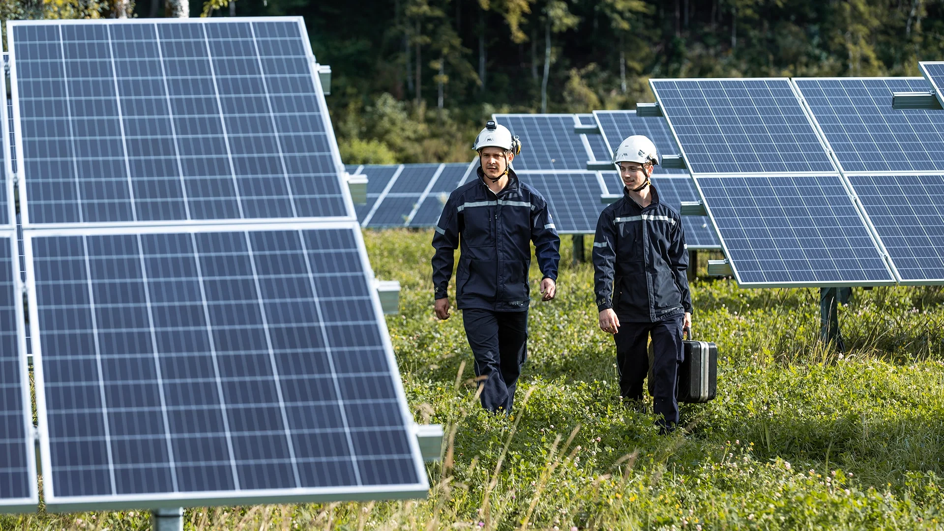Zwei Männer in blauer Arbeitskleidung und weißen Helmen gehen zwischen Photovoltaik-Paneelen auf einer Wiese.