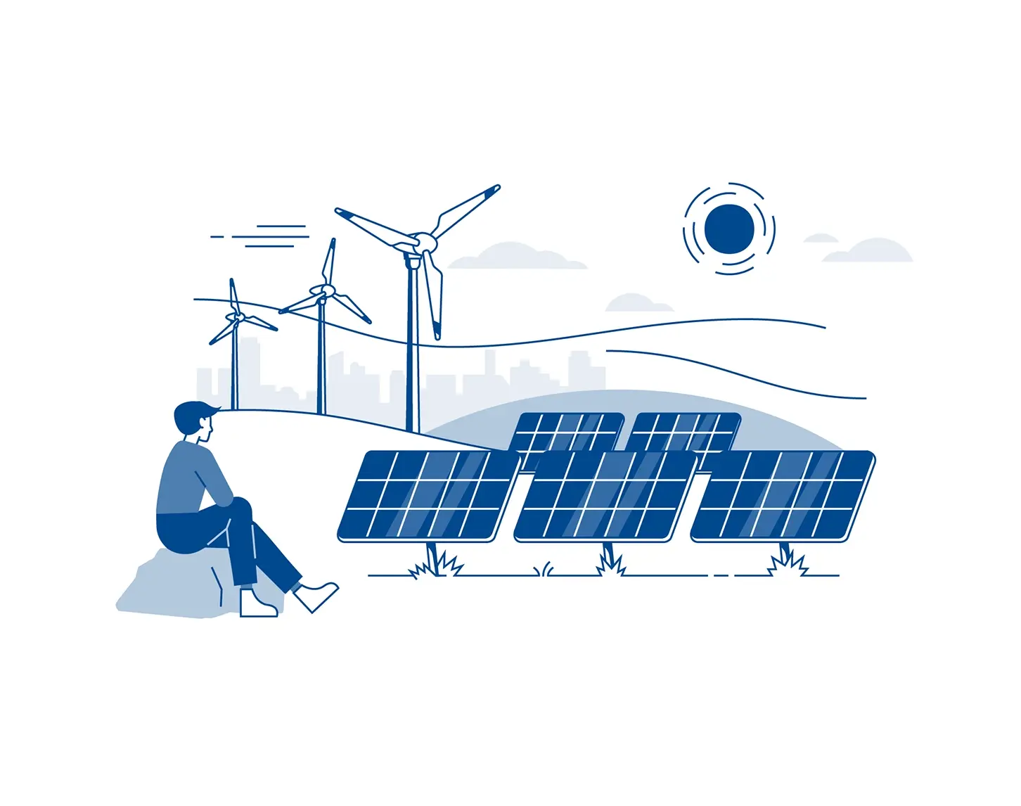 Eine Illustration zeigt stilisierte Windräder und Solarpaneele. Im Vordergrund sitzt eine Person auf einem Stein und blickt auf die Anlagen.