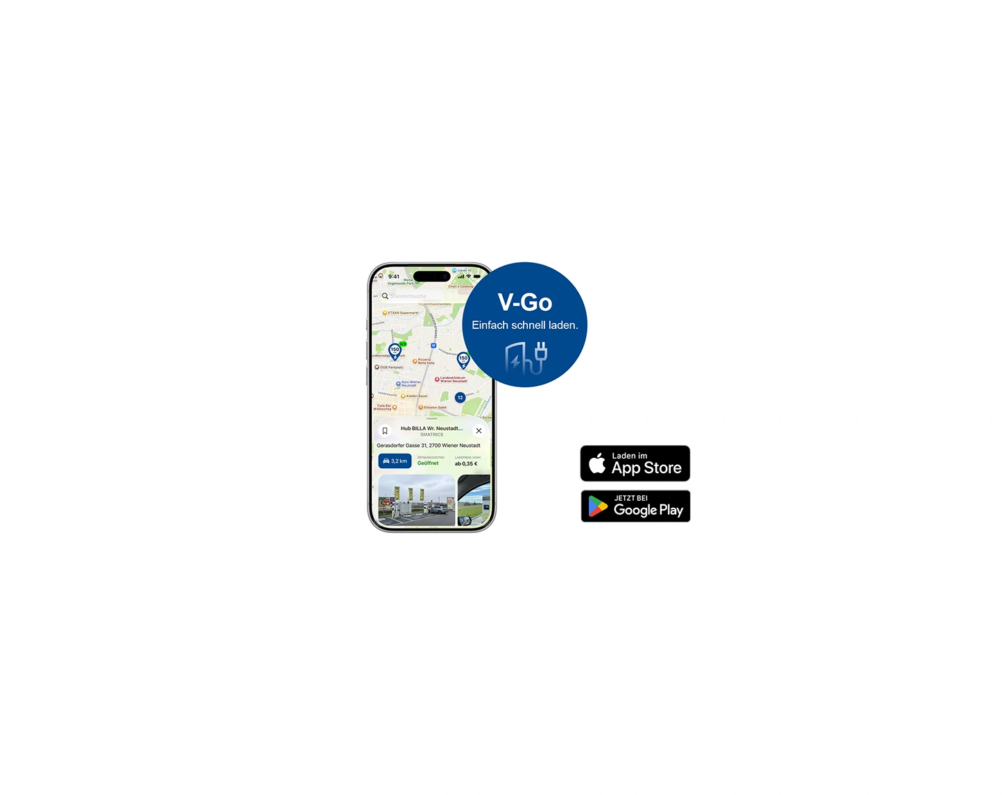 Ein Smartphone mit der geöffneten V-Go App, die eine Landkarte mit Schnellladestationen zeigt.